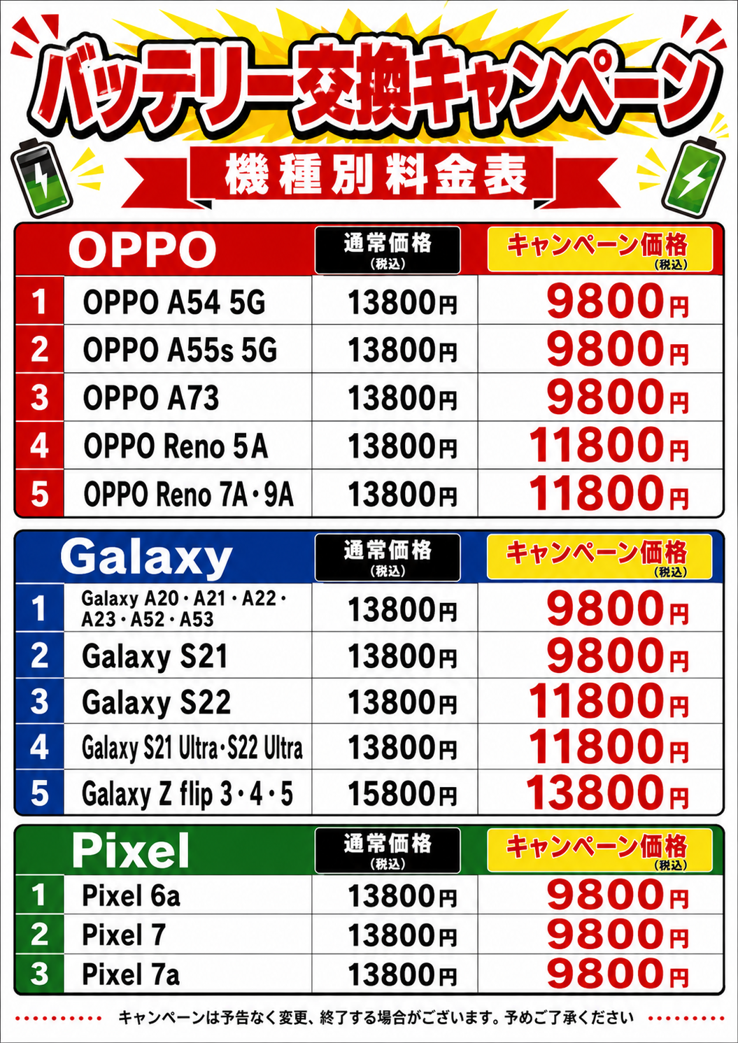 バッテリー交換キャンペーン 機種別料金表 OPPO・Galaxy・Pixel